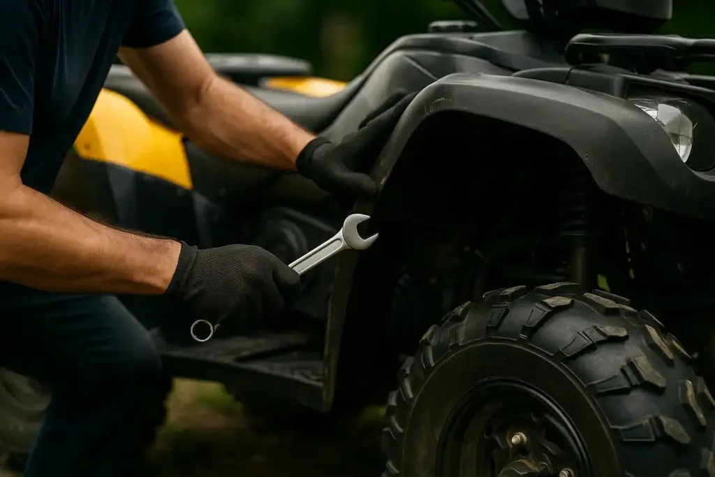 A close-up photograph showing a mechanic working on the suspension of an ATV outdoors