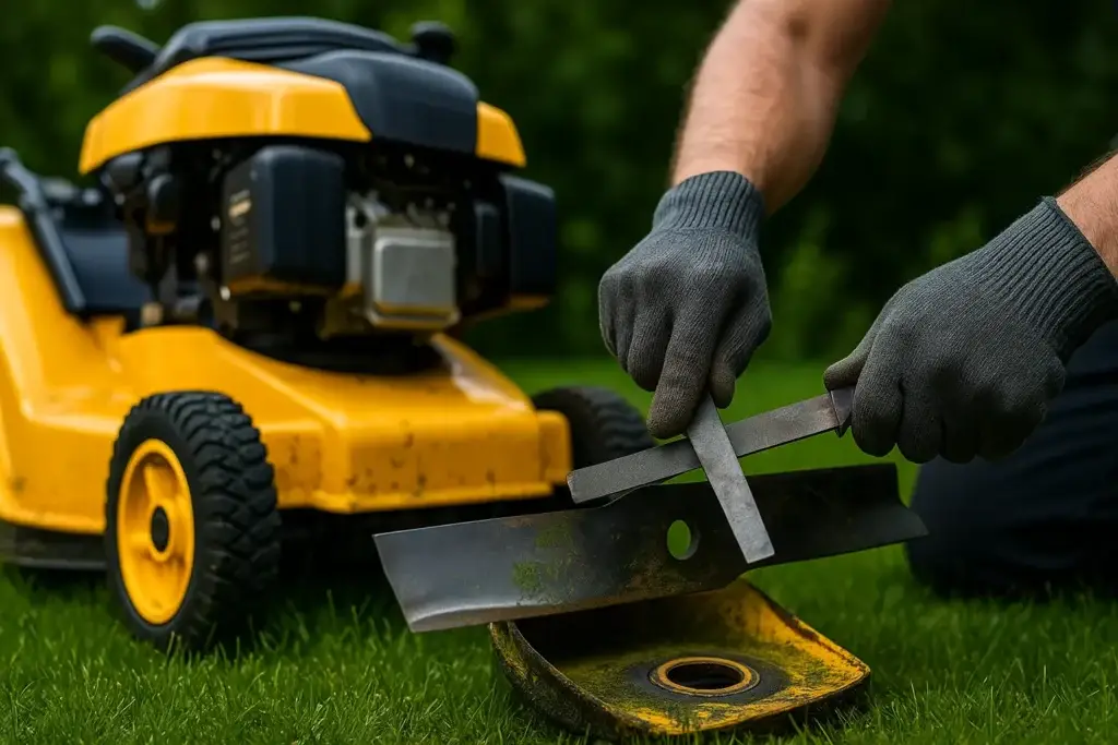 Close-up of a mechanic sharpening a lawn mower blade with a file in a grassy backyard
