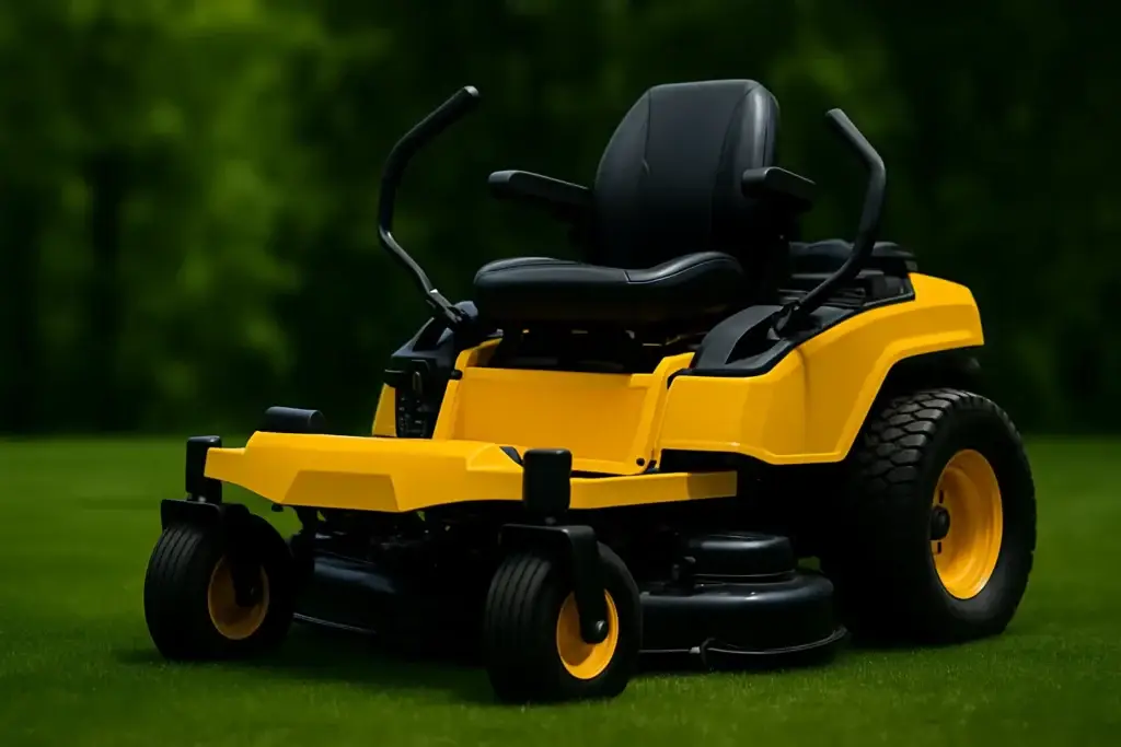 Bright yellow and black zero-turn mower on green grass with blurred background, emphasizing power and precision