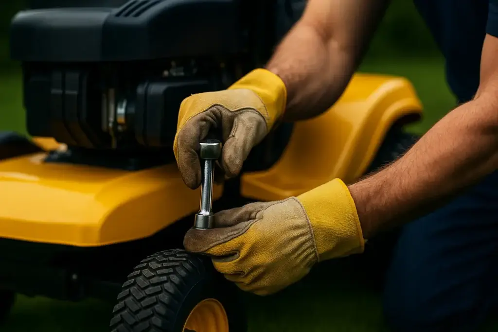 Close-Up of Mechanic Performing Lawn Mower Tune-Up