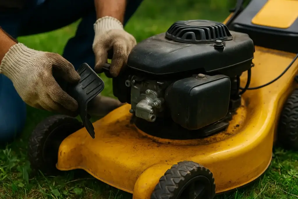 A mechanic works on the engine of a yellow riding lawn mower, adjusting components with precision tools.