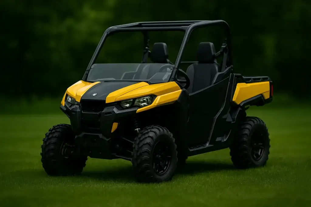 A side-by-side off-road vehicle parked on a dirt trail surrounded by trees, captured in daylight to showcase the vehicle’s rugged build and all-terrain tires.
