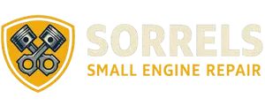 Wide logo featuring a shield with crossed pistons and the text “Sorrels Small Engine Repair” in bold yellow and navy blue.