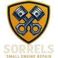 Wide logo featuring a shield with crossed pistons and the text “Sorrels Small Engine Repair” in bold yellow and navy blue.