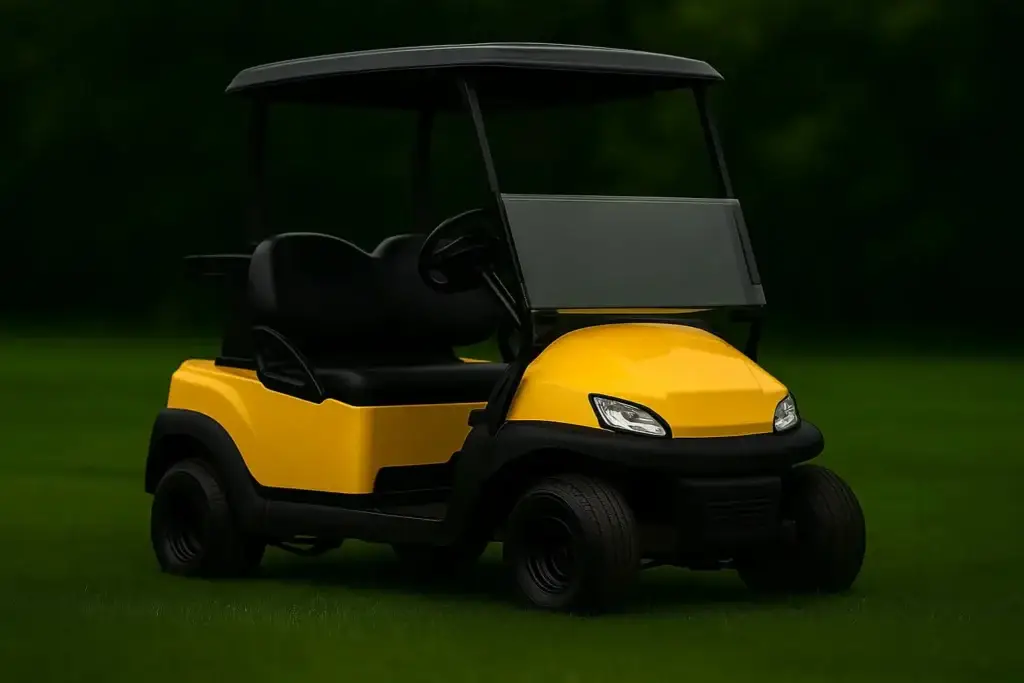 Yellow and black golf cart parked on grass, facing left, with a forested background.