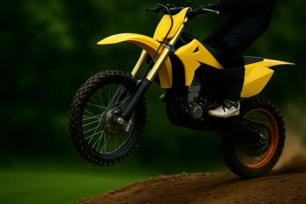 A yellow and black dirt bike mid-jump over a blurred dirt hill with greenery in the background