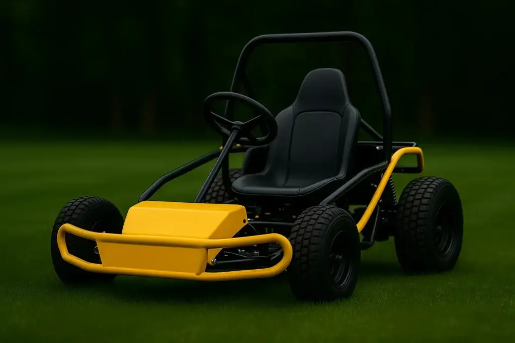 A yellow go-kart parked on a clean service floor, reflecting professional small engine repair service quality.